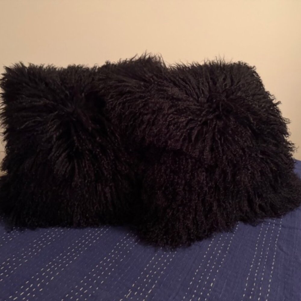 Pair of Vintage Jonthan Adler Black Mongolian Fur Pillows
